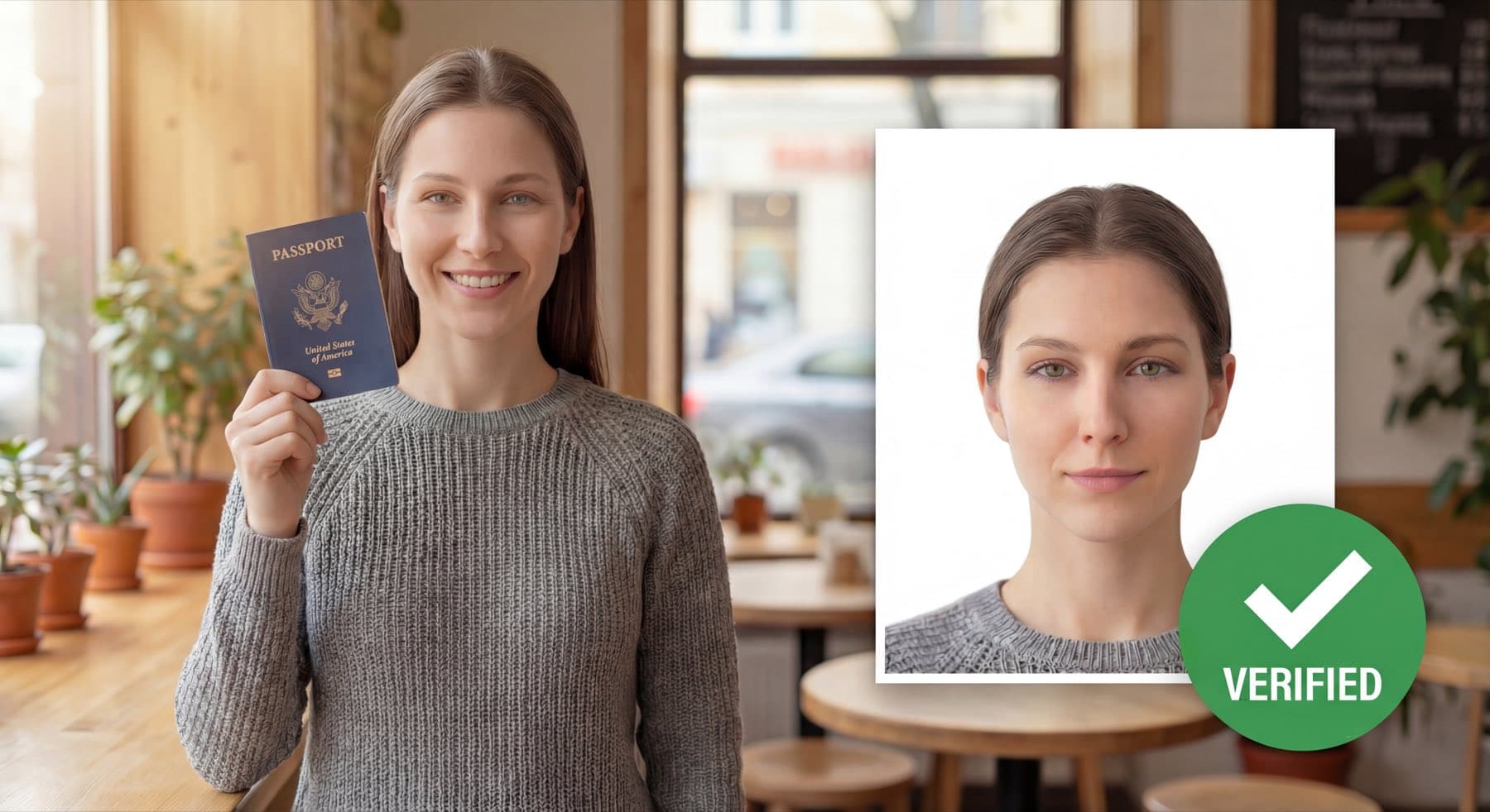 Passport photo workflow showing processing, verification, and printable output